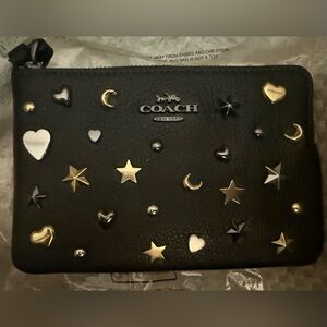 Coach Black Leather Corner Zip Wristlet w/ Rivets Sun Moon Stars Gunmetal Black